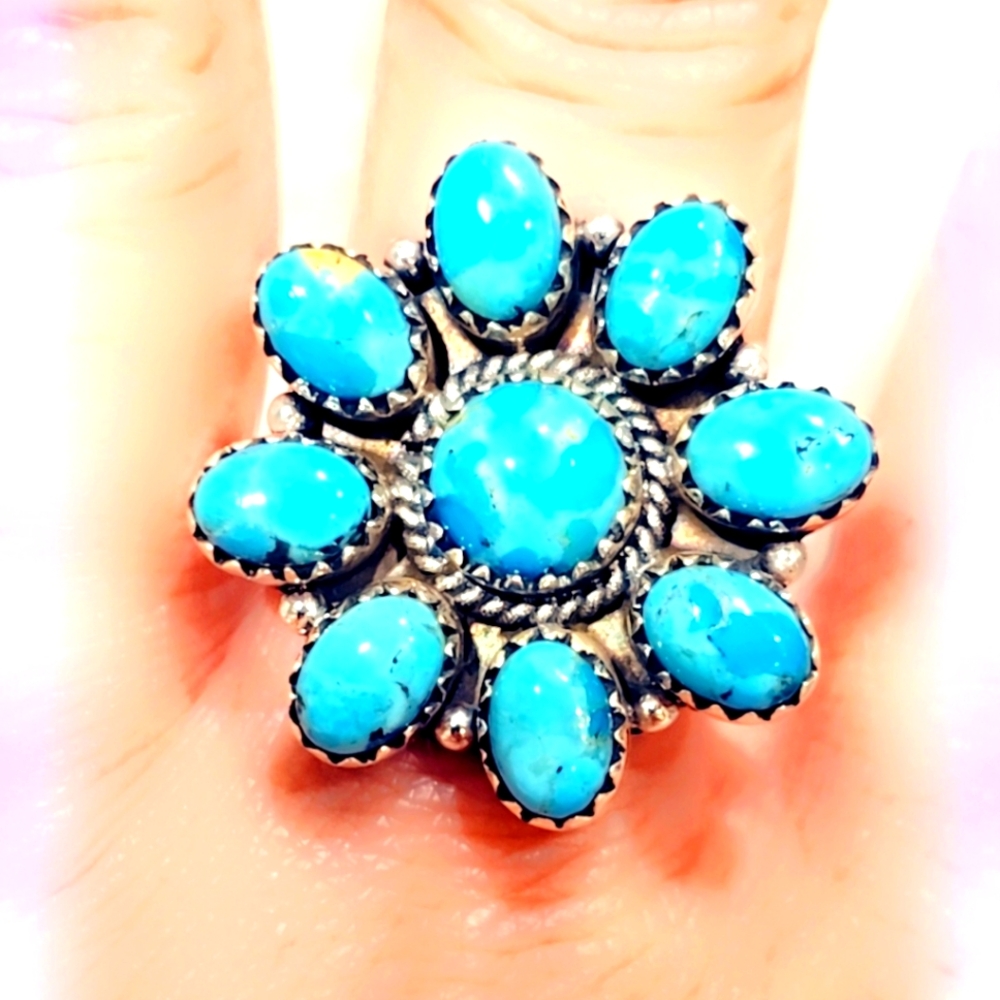🌼 American Turquoise Adjustable Sterling 💎 Gemstone Ring